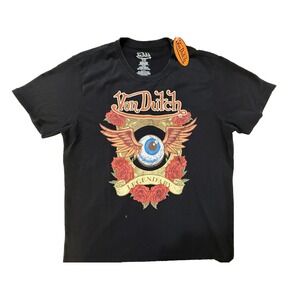 Von Dutch Shirt Mens Large Black Flying Eyeball Legendary Roses Embroidered NWT